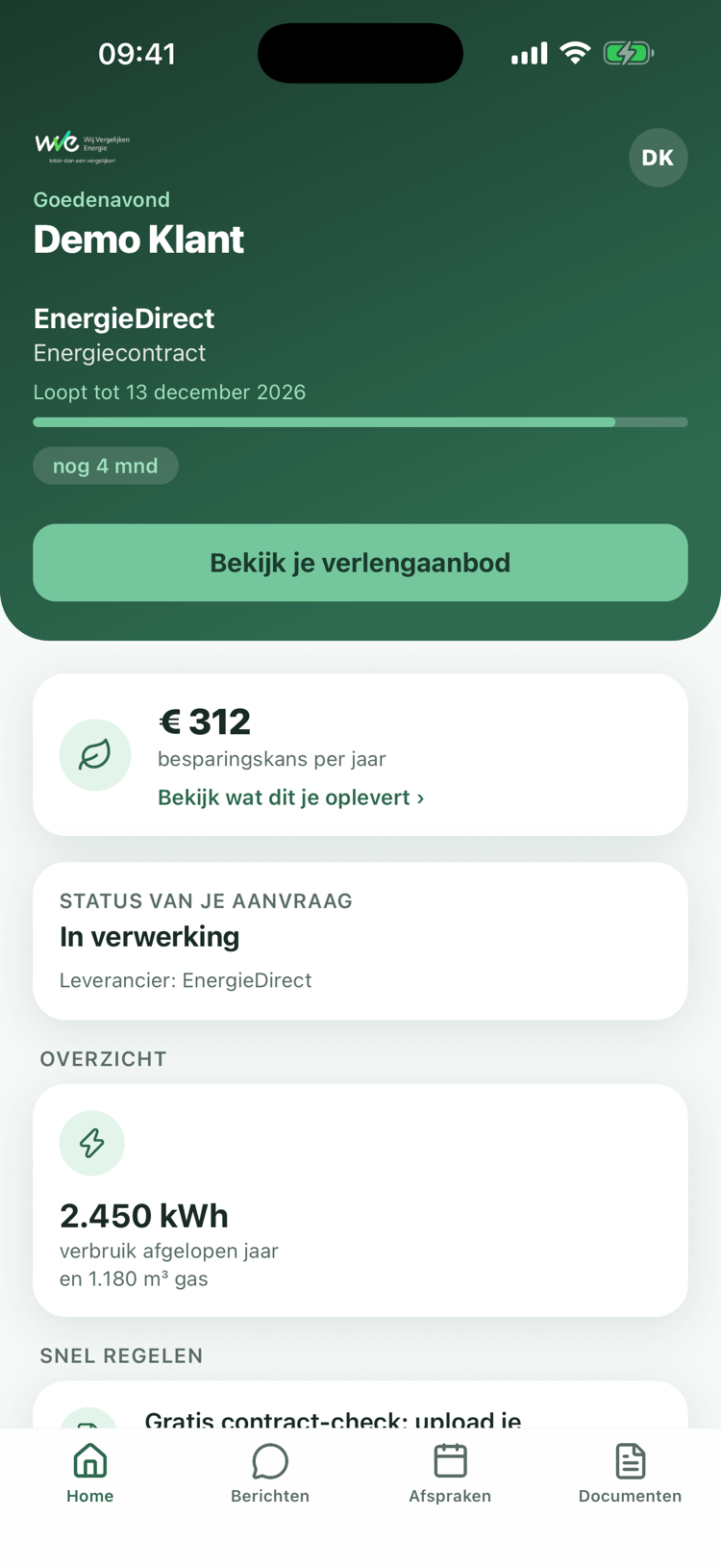 Het Home-scherm van de Mijn WVE-app met contractkaart en verlengaanbod