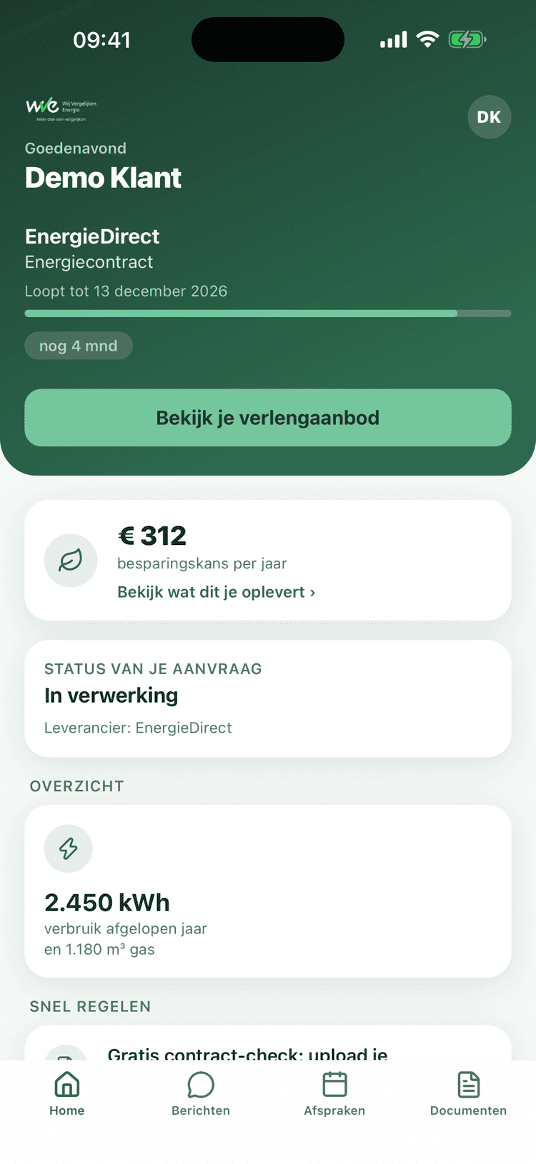 Het Home-scherm van de Mijn WVE-app met contractkaart en verlengaanbod