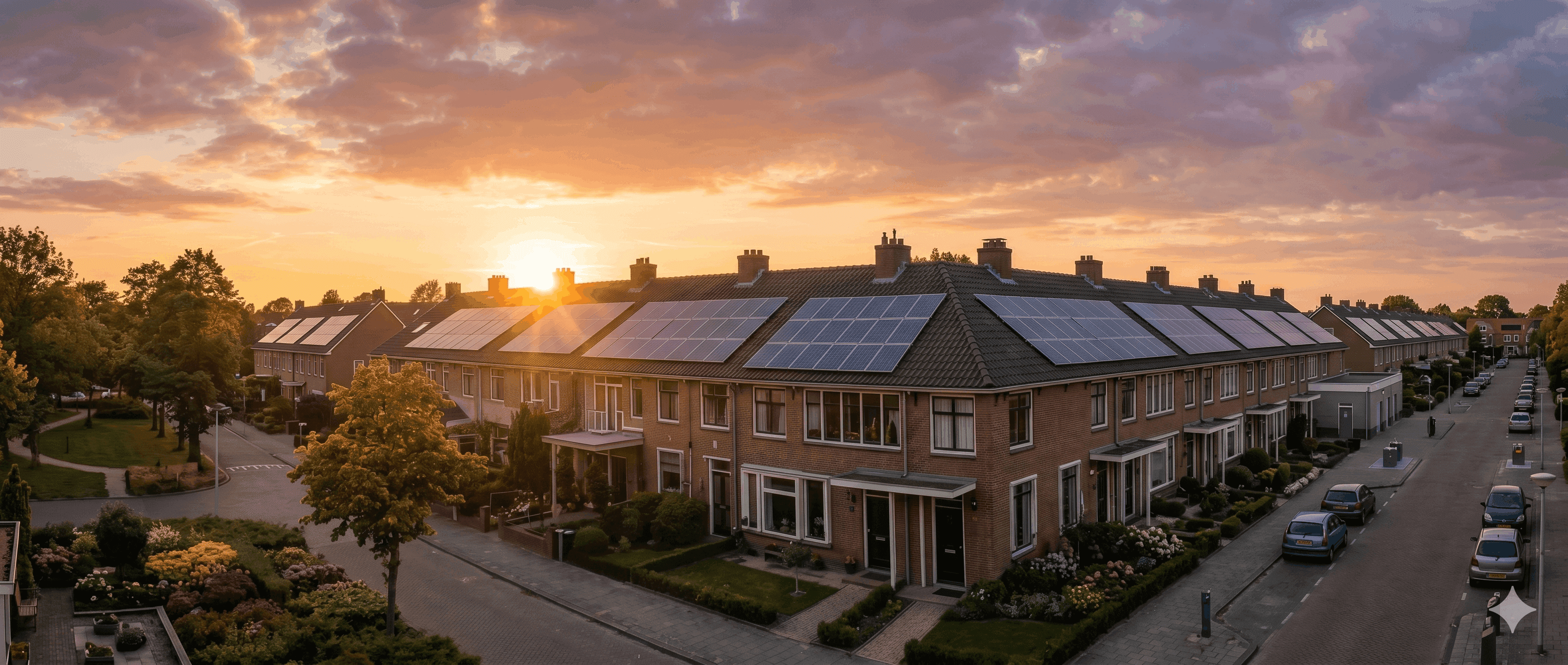 Rij Nederlandse woningen met zonnepanelen op het dak bij zonsondergang