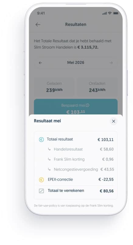 Maandresultaat in de Frank Energie-app met de netcongestievergoeding als onderdeel van het totaalresultaat