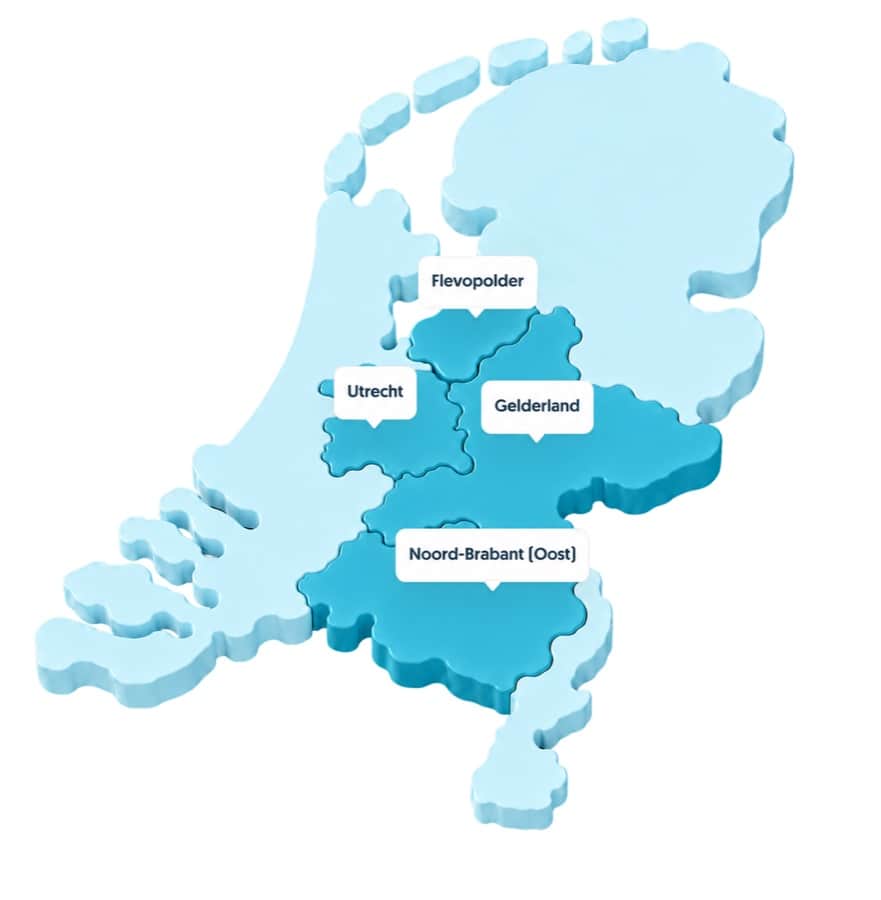 Kaart van Nederland met congestiegebieden waar de netcongestievergoeding geldt, waaronder Flevopolder, Utrecht, Gelderland en Noord-Brabant (Oost)