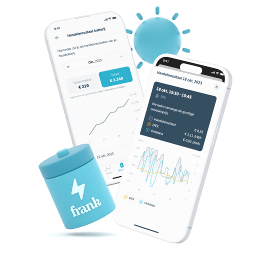 Frank Energie-app met het handelsresultaat van een thuisbatterij