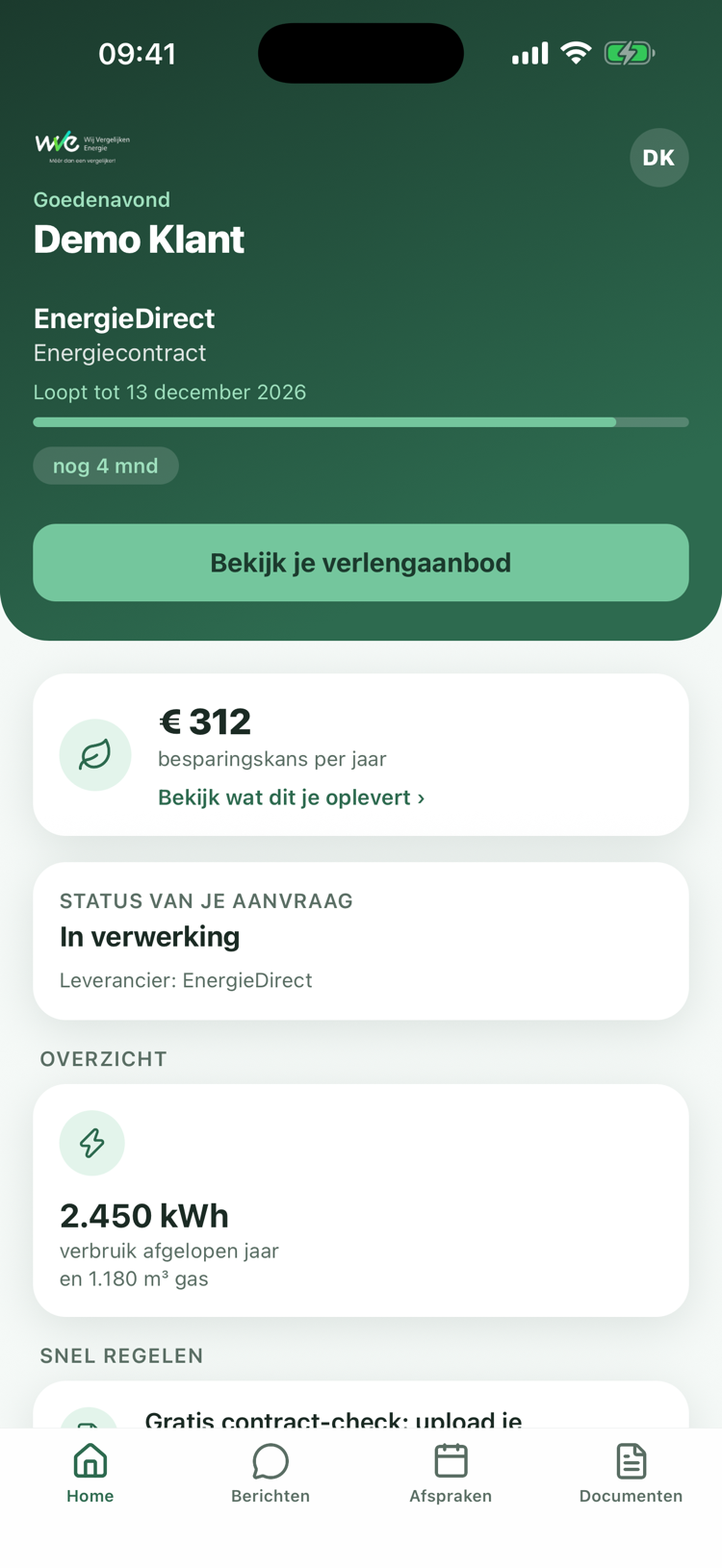 Het Home-scherm van de Mijn WVE-app met contractkaart en verlengaanbod